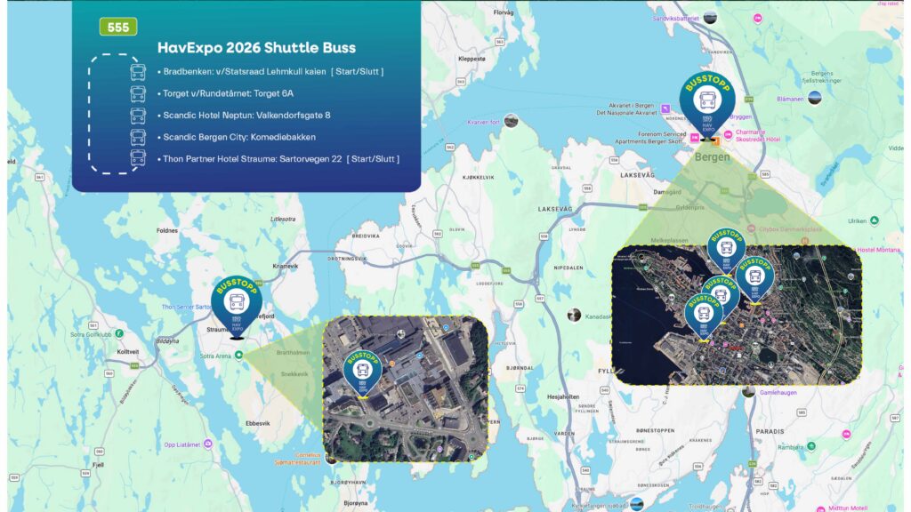 Kart over HavExpo sine shuttlebussruter fra Bergen sentrum, Flesland og Kystbygarasjen til messeområdet